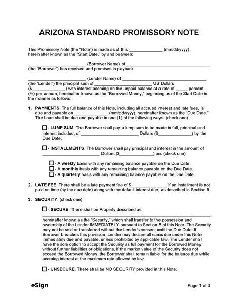 Arizona Promissory Note Template