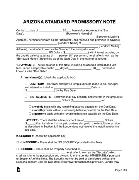 Arizona Promissory Note Template Word