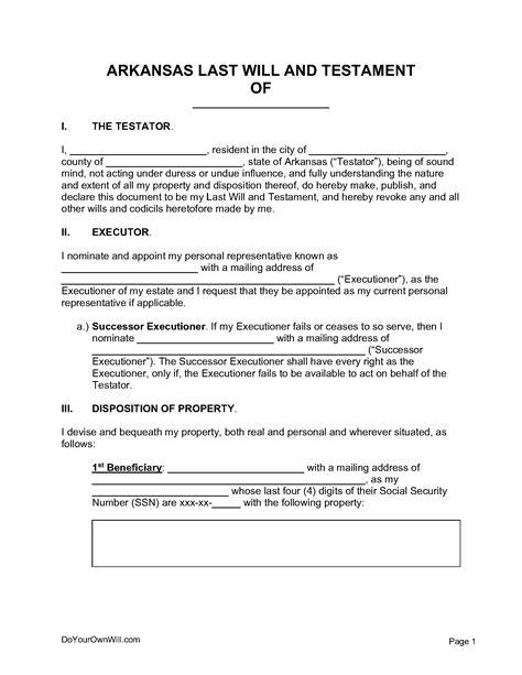 Arkansas Last Will and Testament Template