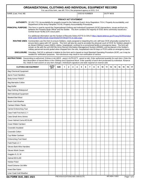 Army Clothing Allowance Form DA 3645