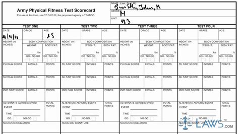 Army Physical Fitness Card