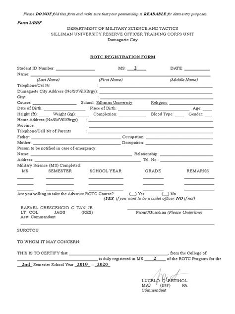 Army ROTC Registration Form Screenshot