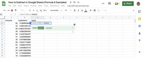 Using array formula for subtraction in Google Sheets