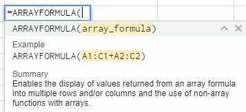 ARRAYFORMULA function in Google Sheets