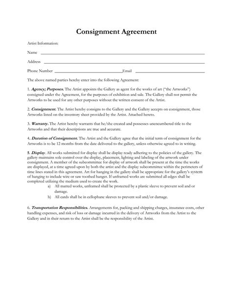 Art Consignment Agreement Template in Word Document Format