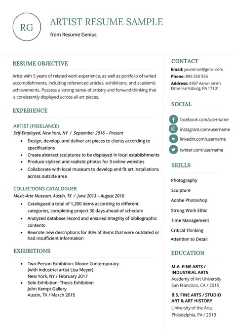 Artist Resume Template Sample