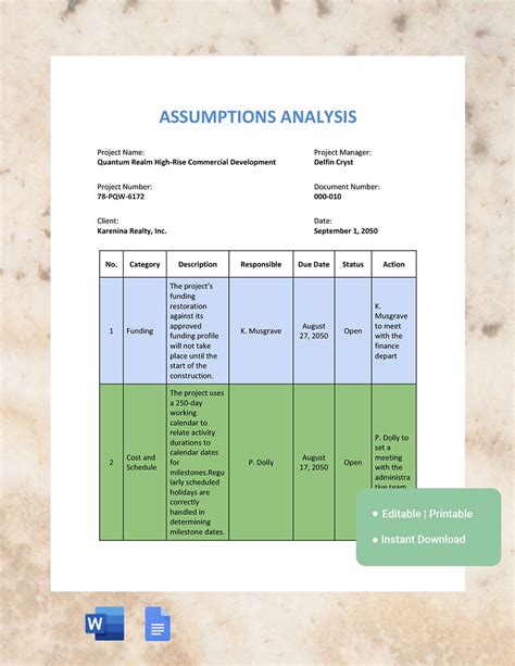 Assumptions Template Example 9