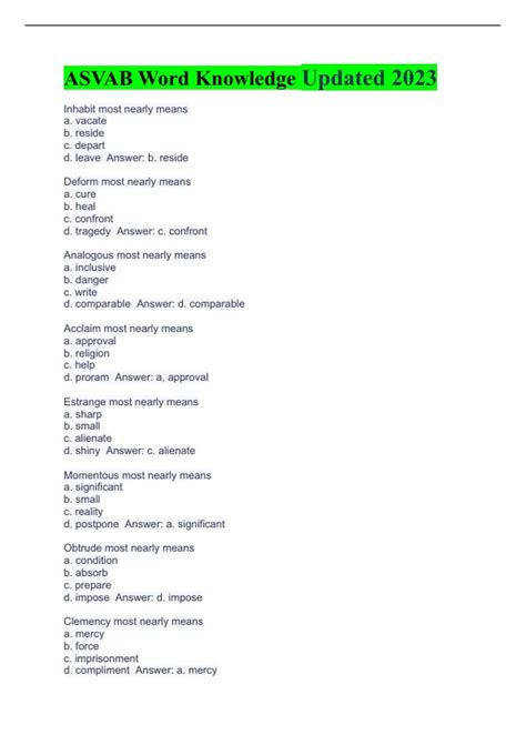 ASVAB Word Knowledge Emotions and Feelings