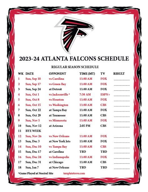 Atlanta Falcons Printable Schedule