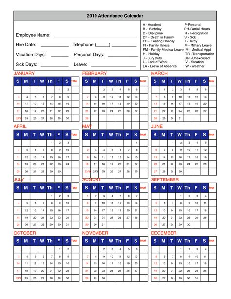 Attendance Calendar Template Word