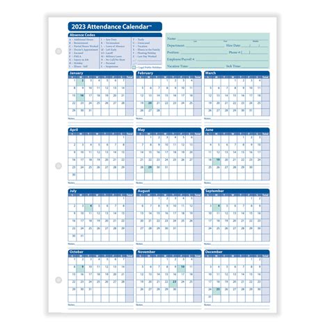 Attendance Calendar with Holidays Template