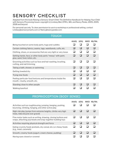 Autism sensory checklist for identifying sensory needs