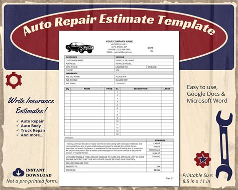 Auto Body Estimate Template Example