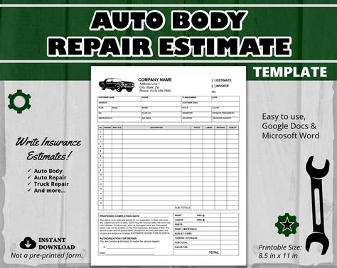 Auto Body Estimate Template Example