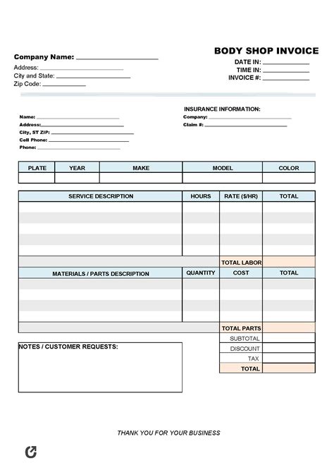 Auto Body Repair Invoice Template