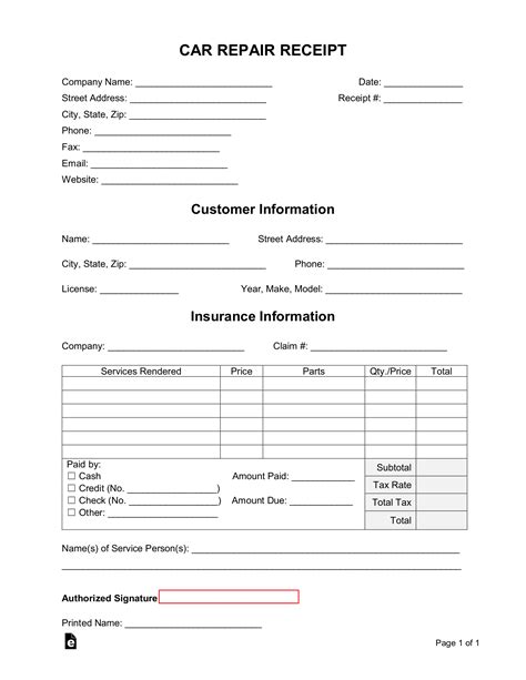 Auto Body Repair Receipt Template