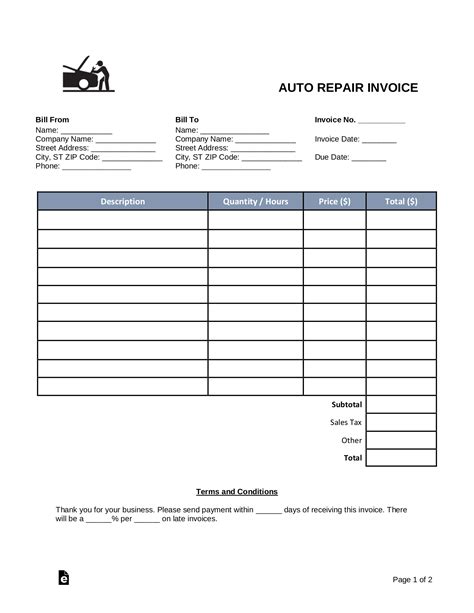 auto body repair receipt template example