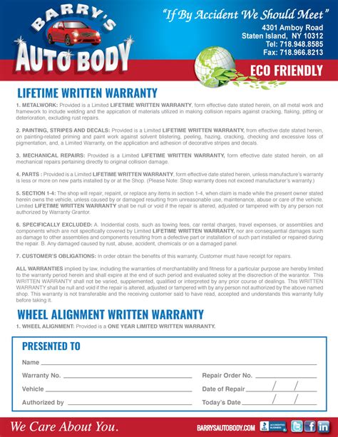 auto body repair warranty template example