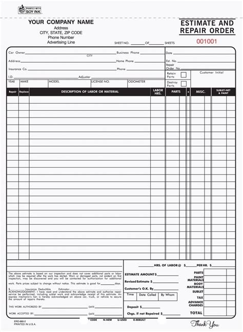 Auto Body Repair Work Order Template