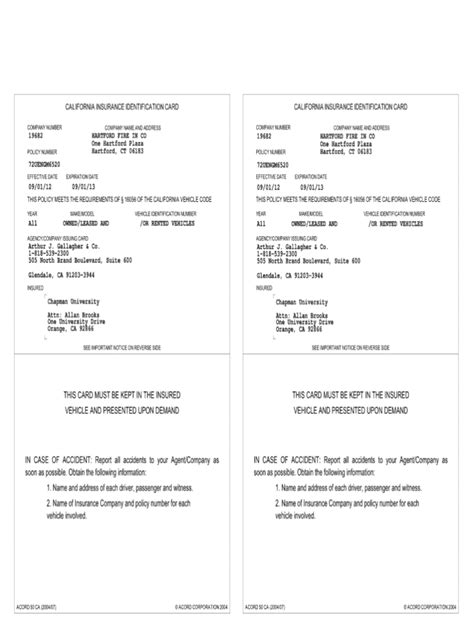 Auto Insurance ID Card Template Google Docs