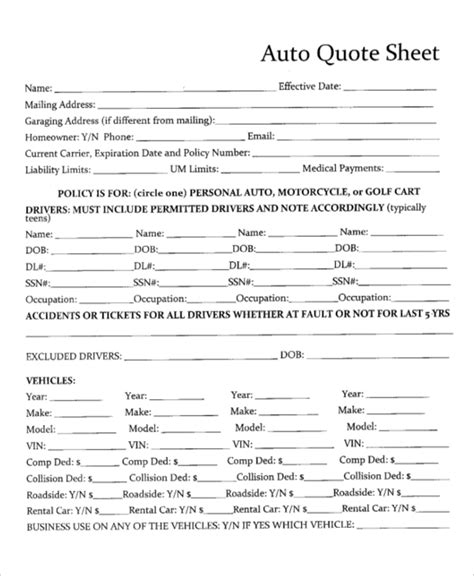 Auto insurance quote template example