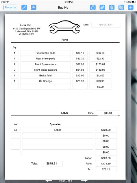 Auto Mechanic Invoice Template Excel