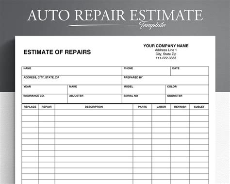 Auto Repair Estimate Form Image