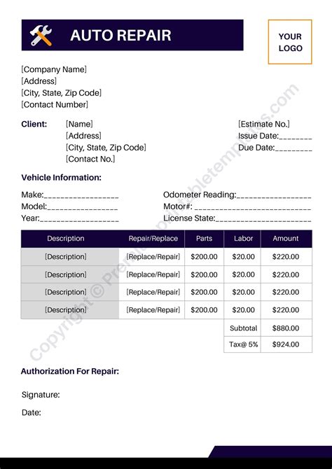 Auto repair estimate template example