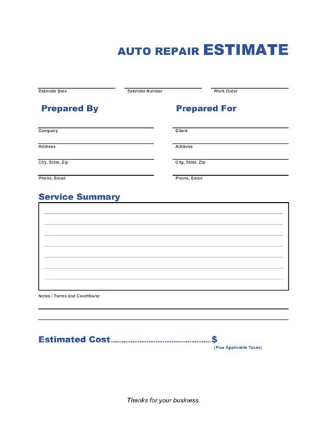 Auto Repair Estimate Template Excel