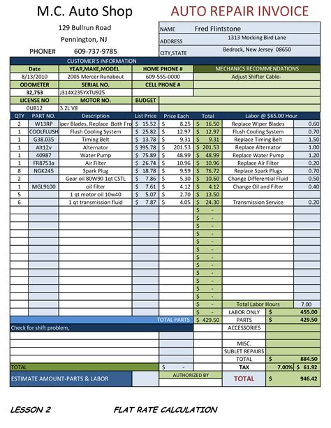 Auto Repair Invoice Spreadsheet Template Example