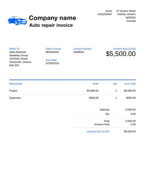 Auto Repair Invoice Template Excel