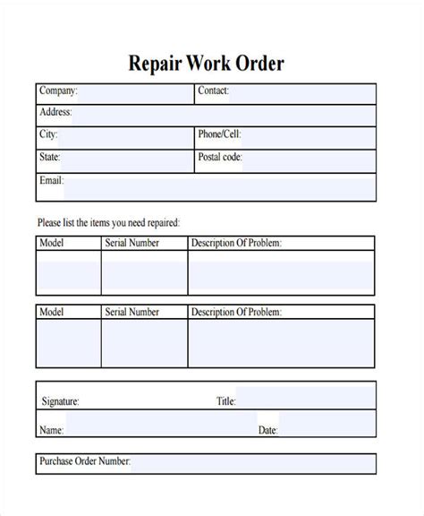 Image of an auto repair work order template example