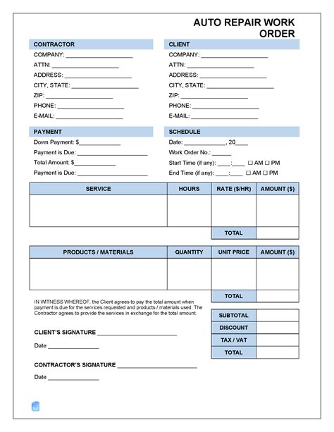 Auto Repair Work Order Template Download