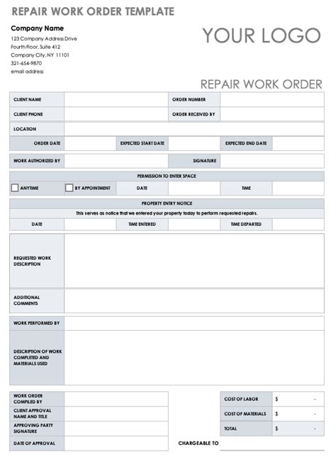 Image of a formatted auto repair work order template