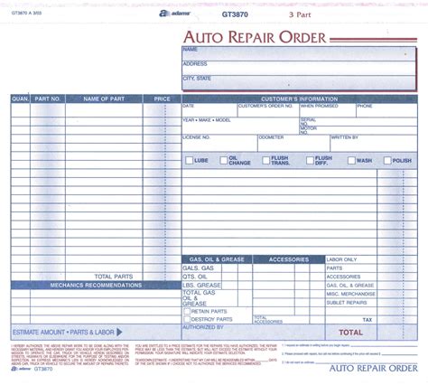 Image of a printable auto repair work order template in Excel