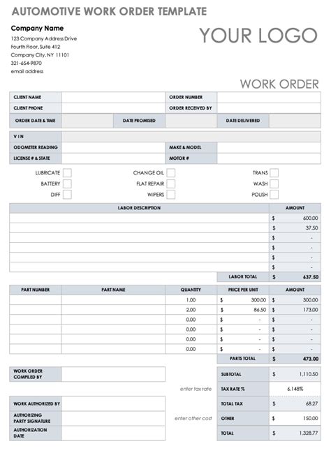 Auto Repair Work Order Template Excel