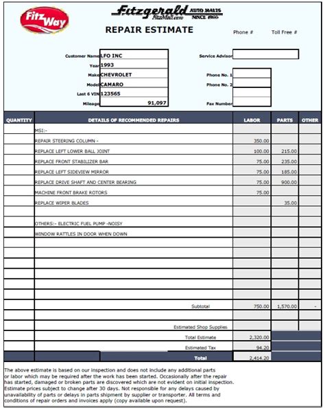 Automotive Repair Estimate Template