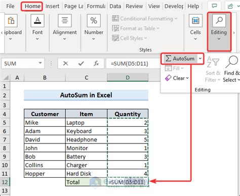 Using the AutoSum feature to enter a formula