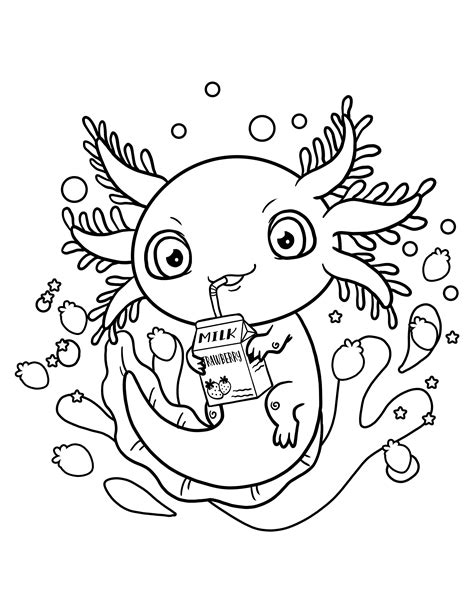 A coloring page of an axolotl in a garden