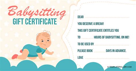 Babysitting gift certificate template with a baby block design