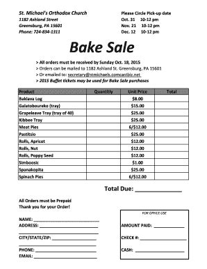 Bake Sale Order Form Template