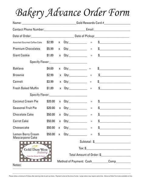 Bakery Order Form Template Example 1