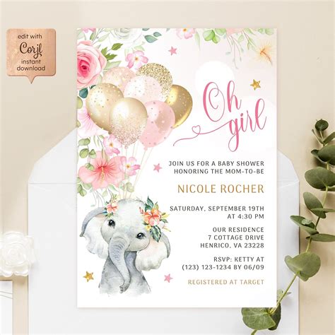 Balloon and confetti elephant invitation