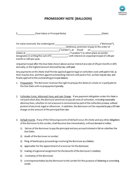 Balloon Promissory Note Template