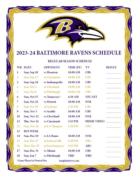 Baltimore Ravens printable football schedule 2023