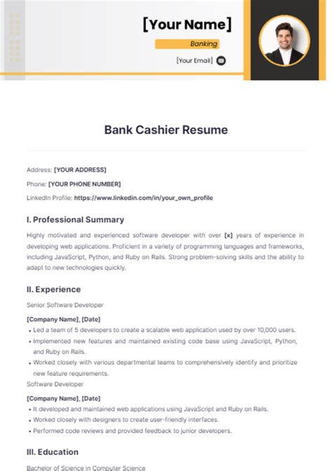 Bank Cashier Resume Template