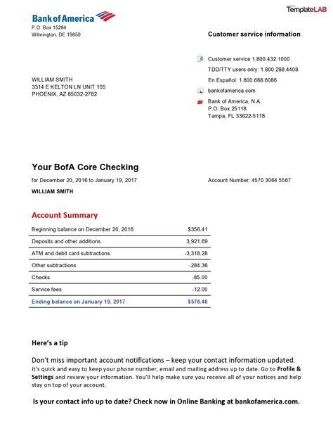 Bank of America Excel Statement Template 1