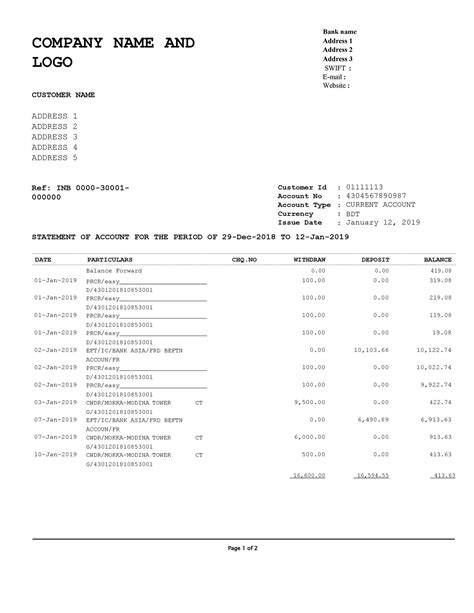 Bank Statement Template PDF