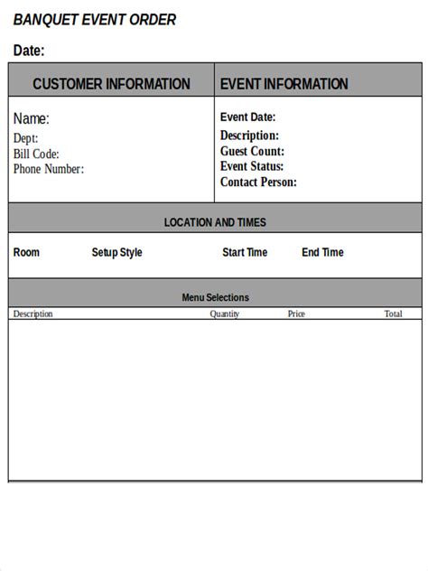 Banquet Event Order Form Template Gallery 6