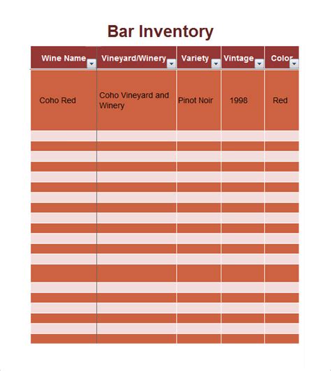 Bar inventory spreadsheet template